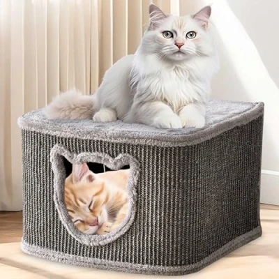 Abbildung von Zooprinz Premium Katzenhaus Katzenkorb für Katze mit dicken Sisal Wänden an der Katzenbox Höhle weichem Plüsch und Spielball Katzenkiste im skandinavischen Look (Grau)