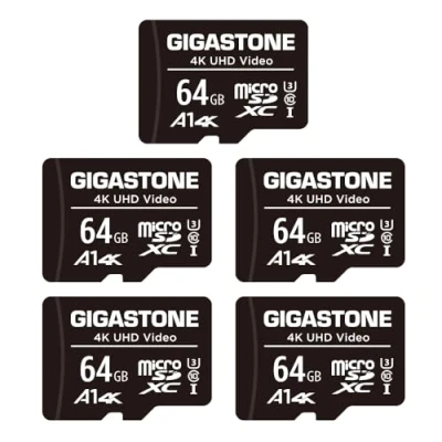 Abbildung von Gigastone 64GB MicroSDXC Speicherkarte 5er Pack + SD Adapter, für Action Kamera, GoPro, Drohne und Tablet, Lesegeschwindigkeit bis zu 95MB/s, 4K UHD Video, Micro Karte UHS I A1 Klasse 10 U3