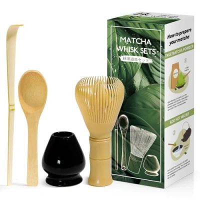 Abbildung von 4 Stück Matcha Set Japanische Zeremonie, Gelb MatchaBesen aus Harz, Bambuslöffel, Bambusschaufel, Quirlhalter, Zubehör für die Teezeremonie, Getränk Schwarz Glänzend