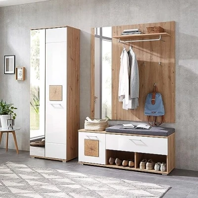 Abbildung von Lomadox Garderoben Set 4 teilig in braun mit weiß Flurgarderobe Eiche Hochglanz Garderobenschrank, Spiegel, Schuhbank, Garderobenpaneel