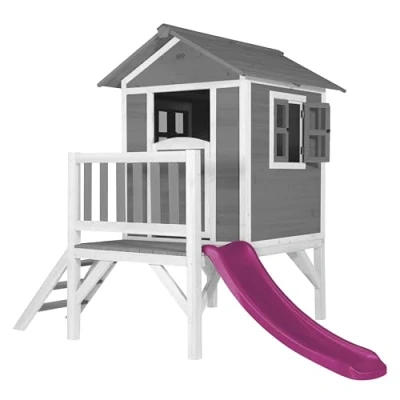 Abbildung von Beach Lodge XL Spielhaus mit Rutsche in Lila aus FSC Holz. grau