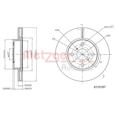 Abbildung von METZGER 6110187 Bremsscheibe Vorderachse 258 22 4 100 innenbelüftet lackiert, Kreuzschliff TOYOTA: Yaris III Schrägheck, II Schrägheck