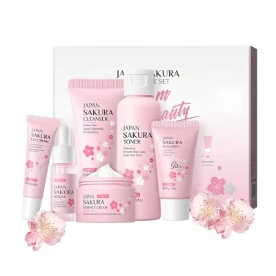 Abbildung von Kirschblüten Hautpflege Set Sanfte Hautreinigung &amp; Pflege Mädchen und Frauen Geschenkset inklusive Cleanser Serum Toner Augencreme Gesichtscreme Sonnenschutz (6PCS)