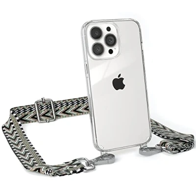Abbildung von EAZY CASE Handykette Verstellbarer Trageriemen kompatibel mit iPhone 13 Pro, Handykordel Schutzhülle durchsichtig, Riemen für Handyketten, Grün/Schwarz Metall Silber