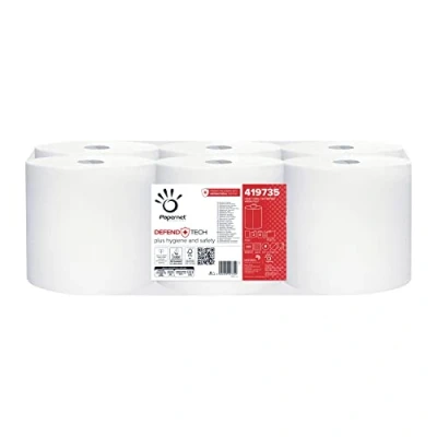 Abbildung von Papernet Defend Tech Centrefeed Handtuchrolle 419735, 6 Rollen 115m reines Zellulosepapier, mit antibakterieller Formel in Verpackung, 2 Lagen, 330 Abrisse pro Rolle 19,7x35cm