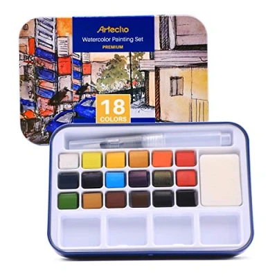 Abbildung von Artecho Aquarellfarben Set, 18 Basic Farben Wasserfarben, Aquarell mit Wassertankpinsel, Tragbar Malkasten, perfekt für Anfänger und Profis, das ideale Geschenk
