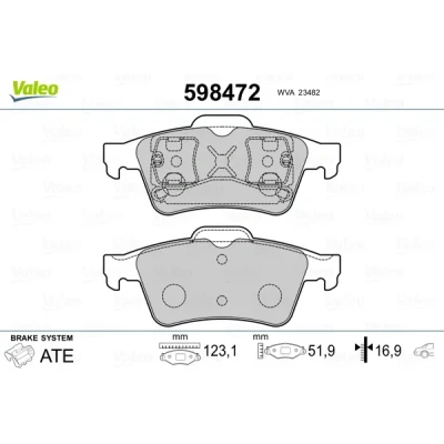 Abbildung von VALEO 598472 Bremsbelagsatz Hinterachse exkl. Verschleißwarnkontakt mit Anti Quietsch Blech RENAULT: ESPACE 4, MEGANE 2 Kombi