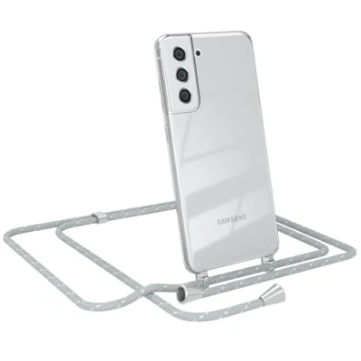 Abbildung von EAZY CASE Handy Chain kompatibel mit Samsung Galaxy S21 FE 5G, Handykette Tasche transparent, Stoßfeste Soft TPU, Stylische Kette Hülle für Smartphone, Grau/Weiß Verschlüssen in Silber