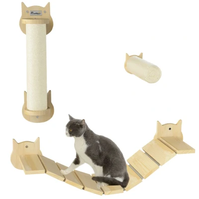 Abbildung von PawHut Katzen Kletterwand 3 teilig, mit Kratzbaum, Trittplatte, Leiter, für bis 5 kg, aus Kiefernholz, Naturholz