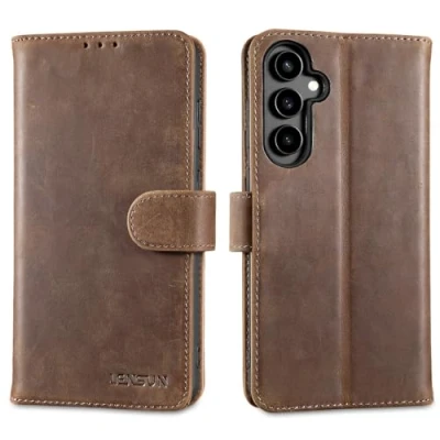Abbildung von LENSUN Lederhülle für Samsung Galaxy S23 FE, Echtleder Handyhülle [Echtes Leder] Flip Hülle [RFID Schutz] Klapphülle Handytasche FE 5G Vintage Dunkelbraun