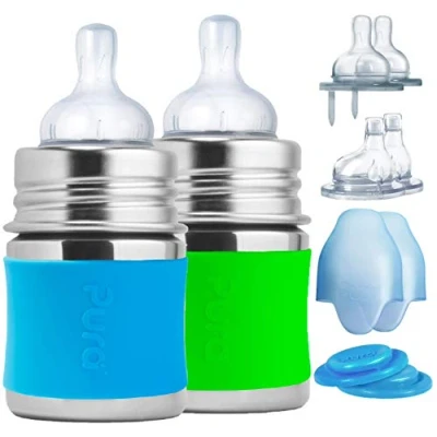 Abbildung von Pura Baby Babyflaschen aus Edelstahl (Silikondüsen mit mittlerem Durchfluss, Schnelldurchflussdüsen, Einspritzdüsen, Dichtungsscheiben und hülsen (2er Pack) Wassergrün 5 Unzen / 150 ml S