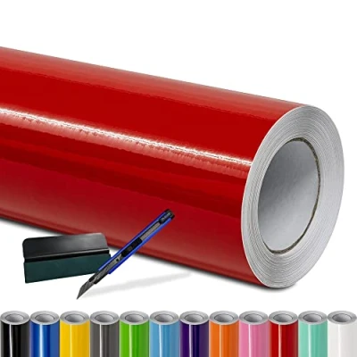 Abbildung von Folindo® Autofolie Rot Glanz (7/m²) 9 x 1,52 m + Rakel &amp; Cutter Selbstklebende Luftkanal Folie zur Auto Folierung Blasenfrei