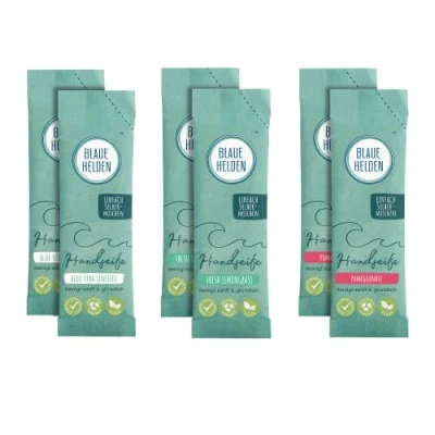 Abbildung von Blaue Helden 6er Handseife Nachfüll Pulver Mix (2x Lemon, 2x Aloe Vera, Granatapfel)