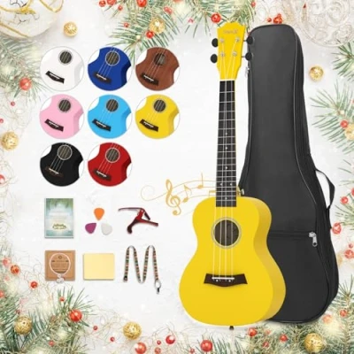 Abbildung von Dripex 23 Zoll Konzert Ukulele, Erwachsene Kinder Ukulele Set Vintage Kleine Gitarre Kit für Anfänger mit Tasche Tuner Gurt Bedienungsanleitung Saite (Gelb)