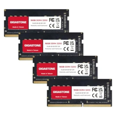 Abbildung von 【DDR4 RAM】 GIGASTONE 64GB Kit (4x16GB) DDR4 3200MHz (2933MHz or 2666MHz) PC4 25600(PC4 23400, 21300) CL22 1.2V SODIMM 260Pin Nicht ECC ungepuffert Notebook Laptop Hochleistung Arbeitsspeicher Upgrade