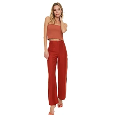 Abbildung von TRENDYOL Damen Ribbed Detailed Trousers Pants, Ziegelrot, 36 EU