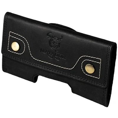 Abbildung von Matador Gürteltasche kompatibel mit Apple iPhone 15 Pro/ 15/14 14/13 13/12 12/11/ XR Quertasche Echt Leder Gürtelschlaufe Drückknopf Verschluss Karabienerhacken (Hunter Black)