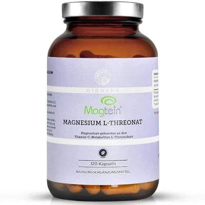 Abbildung von Magtein® Magnesium L Threonat von QIDOSHA®, 120 Kapseln im Apothekerglas, 2000mg/Tagesportion, deutsche Fertigung, jede Charge laborgeprüft