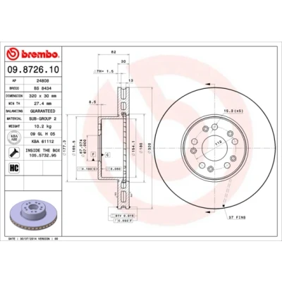 Abbildung von BREMBO 09.8726.10 Bremsscheibe 320 30 5 innenbelüftet hochgekohlt mit Schrauben MERCEDES BENZ: S Klasse Limousine, Coupe