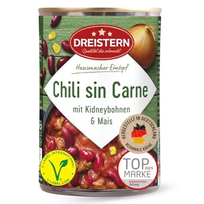 Abbildung von DREISTERN Chili sin Carne 400g Veganer Eintopf in der recyclebaren Konservendose Vegetarisch mit viel Einlage Soja, Bohnen &amp; Mais
