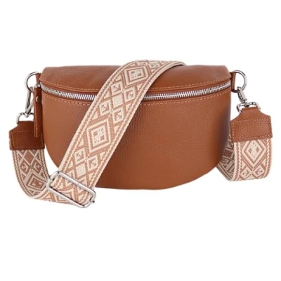 Abbildung von MIRROSI® Bauchtasche Damen, Echtleder, Made in Italy, Umhängetasche, Brusttasche, Crossbody Bag (1 Tasche &amp; 2 Gurte) (Braun (Karo), Mittelgroße (25x16x7cm))