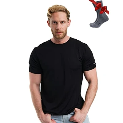 Abbildung von Merino.tech Merinowolle T Shirt Herren 100% Bio Unterhemd Leichte Basisschicht + Wanderwollsocken (Medium, Black Ink)