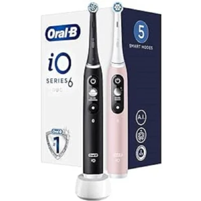 Abbildung von Oral B iO 6, Erwachsener, Rotierende Zahnbürste, Tägliche Pflege, Zahnfleischpflege, Sensibel, für weiße Zähne, Schwarz, Pink, 2 min, Rund