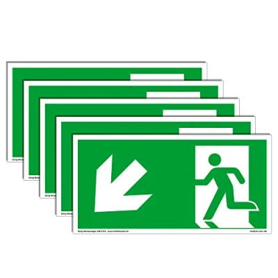 Abbildung von 5 Schilder Notausgang extra langnachleuchtend PVC selbstklebend 297x148mm gemäß ASR A1.3 DIN 7010 67510 Notausgangsschild Links schräg abwärts Fluchtweg Rettungsweg Dreifke® 160