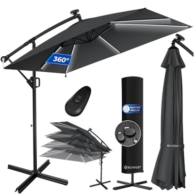 Abbildung von KESSER® Ampelschirm Holly Sonnenschirm Rechteckig LED Solar inkl. Abdeckung + Windsicherung mit Kurbel Schirm Ständer UV Schutz Aluminium Wasserabweisend Ø350cm Gartenschirm Anthrazit