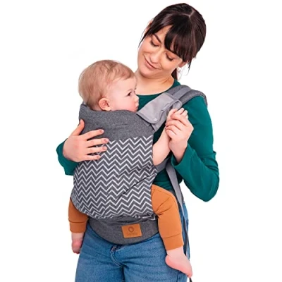 Abbildung von LIONELO Margareet Baby Trage, 3 Tragepositionen, richtige Position des Babys, versenkbare Haube, doppelter Schutz, hautfreundliche Materialien, Gürtel, TÜV Zertifikat