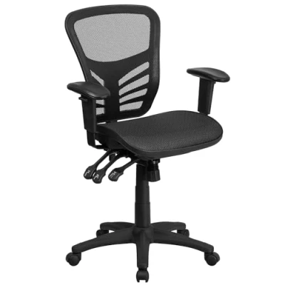 Abbildung von Flash Furniture Chefsessel mit verstellbaren Armlehnen, vielseitig, drehbar, mittelhohe Rückenlehne, transparente, schwarzes Mesh, Metall, 58,4 x 72,4 111,3 cm