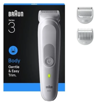 Abbildung von Braun Bodygroomer Series 3, +3 Zubehörteile, Extra Hautschutz, 80 Min Akkulaufzeit, Sanftes Rasieren &amp; Trimmen, Wasserdicht, BG3530, Grau