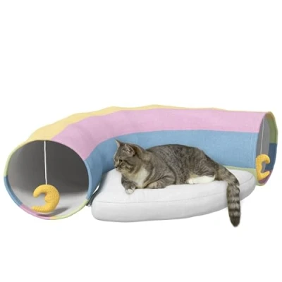Abbildung von PawHut Tiertunnel Katzentunnel, Katzenspielzeug mit Spiel, Kissen, Faltbarer Spieltunnel, Polyestergewebe, PP Baumwolle, 105L x 65B 28H cm