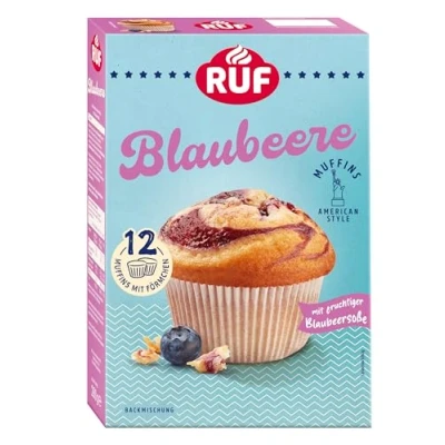 Abbildung von RUF Blaubeer Muffins Backmischung, fruchtige American Style mit Blaubeerfüllung, einfache Zubereitung, 12 Muffin Förmchen inklusive