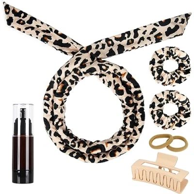 Abbildung von Heatless Lockenwickler Stirnband, weiches Velours, hitzelose Locken, über Nacht, hitzeloses Set, ohne Hitze für kurzes und langes Haar (Leopard, 7 Stück)