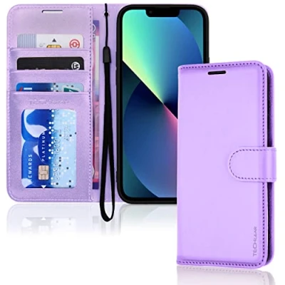 Abbildung von TECHGEAR hülle iPhone 14 Plus Leder klappbar, PU Flip Schutzhülle Ledertasche [Brieftasche] Handyhülle mit Ständer und Handschlaufe Lavendel Kompatible (6,7&quot;)