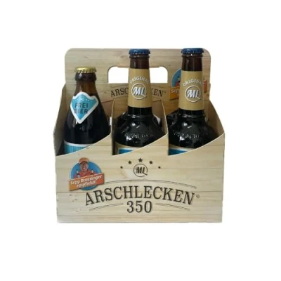 Abbildung von Arschlecken 350 Sixpack 2 x Original ML Freibier 0,33 l Flaschen, Hopfensprudel Flaschen &amp; AL350 Helles in der Männerhandtasche Alc.5% (6) by Sepp Bumsinger