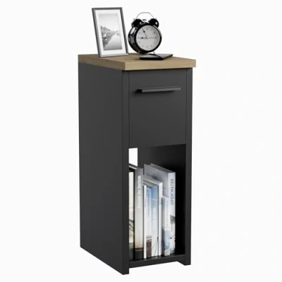 Abbildung von ComfortCove Nachttisch, Nachtschrank, Nachtkästchen, schmaler schlanker Beistelltisch mit Ablagefach und Griff, Schwarz/Eiche. Größe: B20 x H55 T30,5 cm