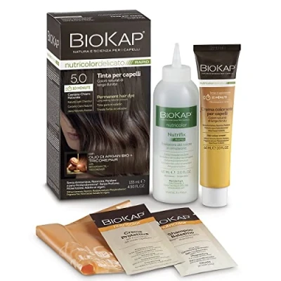 Abbildung von BIOKAP RAPID Permanente Haarfarbe 5.0 Natur Kastanien Hellbraun NUR 10 MINUTEN EINWIRKZEIT Bio Arganöl TricoREPAIR Komplex VEGAN Optimale Grauabdeckung Bis zu 80% natürliche Inhaltsstoffe