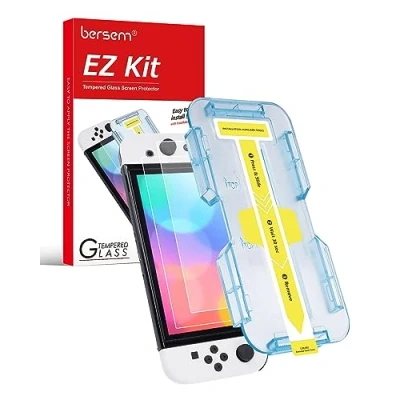 Abbildung von BERSEM 2 Stück Schutzfolie aus gehärtetem Glas Kompatibel mit Nintendo Switch OLED 7 Zoll 2021, Automatische Ausrichtung Bausatz/9H/HD Klar/Anti Kratzer/Blasenfrei