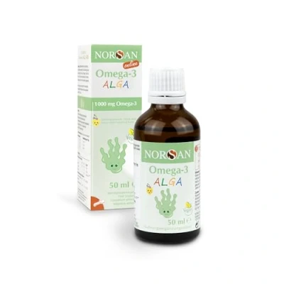 Abbildung von NORSAN Omega 3 ALGA Öl vegan 50ml / hochdosiertes für Kinder 1.000 mg pro Portion/Omega Algenöl reich an DHA/Tagesdosis 2 ml ab 35 kg