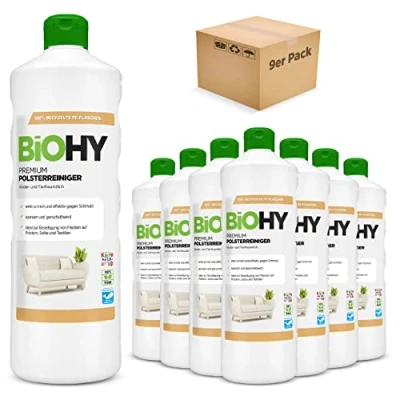 Abbildung von BiOHY Premium Polsterreiniger (9 x 1 Liter) Bio Konzentrat für Polstermöbel, Sofas, Teppiche &amp; Textilien Nasssauger andere Geräte geeignet geruchslösender Fleckentferner