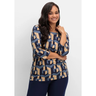 Abbildung von Sheego 3/4ARM Langarmshirt, Damen, Größe: 46, Marine gemustert