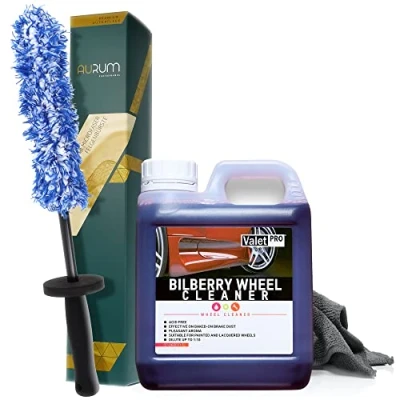 Abbildung von detailmate Felgenreinigungsset: ValetPRO Bilberry Wheel Cleaner 1L Felgenreiniger + Aurum ultraFlat Microfaser Felgenbürste Mikrofasertuch 320GSM