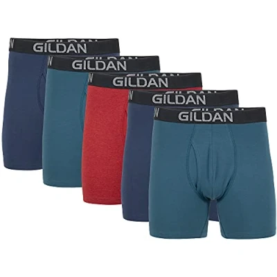 Abbildung von Gildan Herren Cotton Stretch Boxer Brief, Multipack Retroshorts, Blue Cove/Hawaiian Blue/Heather Red Mark (5er Pack, Regular Leg), XX Large