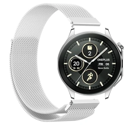 Abbildung von GIOPUEY Armband Kompatibel mit OnePlus Watch 2, Geflochtenes Edelstahlarmband [Verschleißfest] [magnetisch] Ersatzarmband Silver