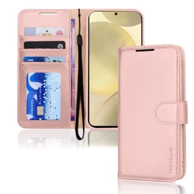 Abbildung von TECHGEAR Galaxy S24 Plus Leder Hülle, PU Flip Case Schutzhülle Ledertasche [Brieftasche] Handyhülle mit Ständer und Handschlaufe Beutel Hülle Kompatibel Samsung S24+ 5G Rosa