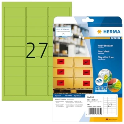Abbildung von HERMA 5143 Farbige Etiketten Neon grün, 20 Blatt, 63,5 x 29,6 mm, 27 pro A4 Bogen, 540 Stück, selbstklebend, bedruckbar, matt, blanko Papier Farbaufkleber