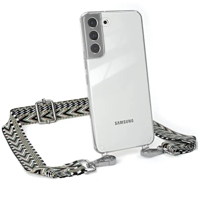 Abbildung von EAZY CASE Handykette Verstellbarer Trageriemen kompatibel mit Samsung Galaxy S22 Plus, Handykordel Schutzhülle durchsichtig, Riemen für Handyketten, Grün/Schwarz Metall Silber