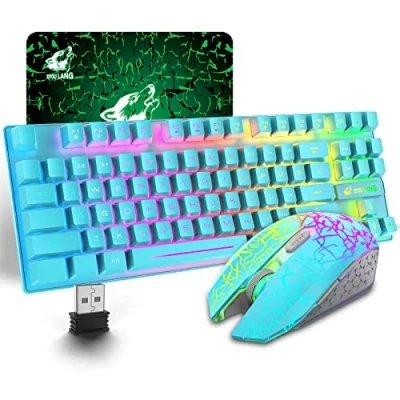Abbildung von Kabellose Gaming Tastatur und Maus, 87 Tasten, Regenbogen LED Backlights, wiederaufladbar, 3800 mAh Akku, mechanisches Gefühl, Anti Ghosting, US Layout, ergonomische wasserdichte RGB Maus (blau)